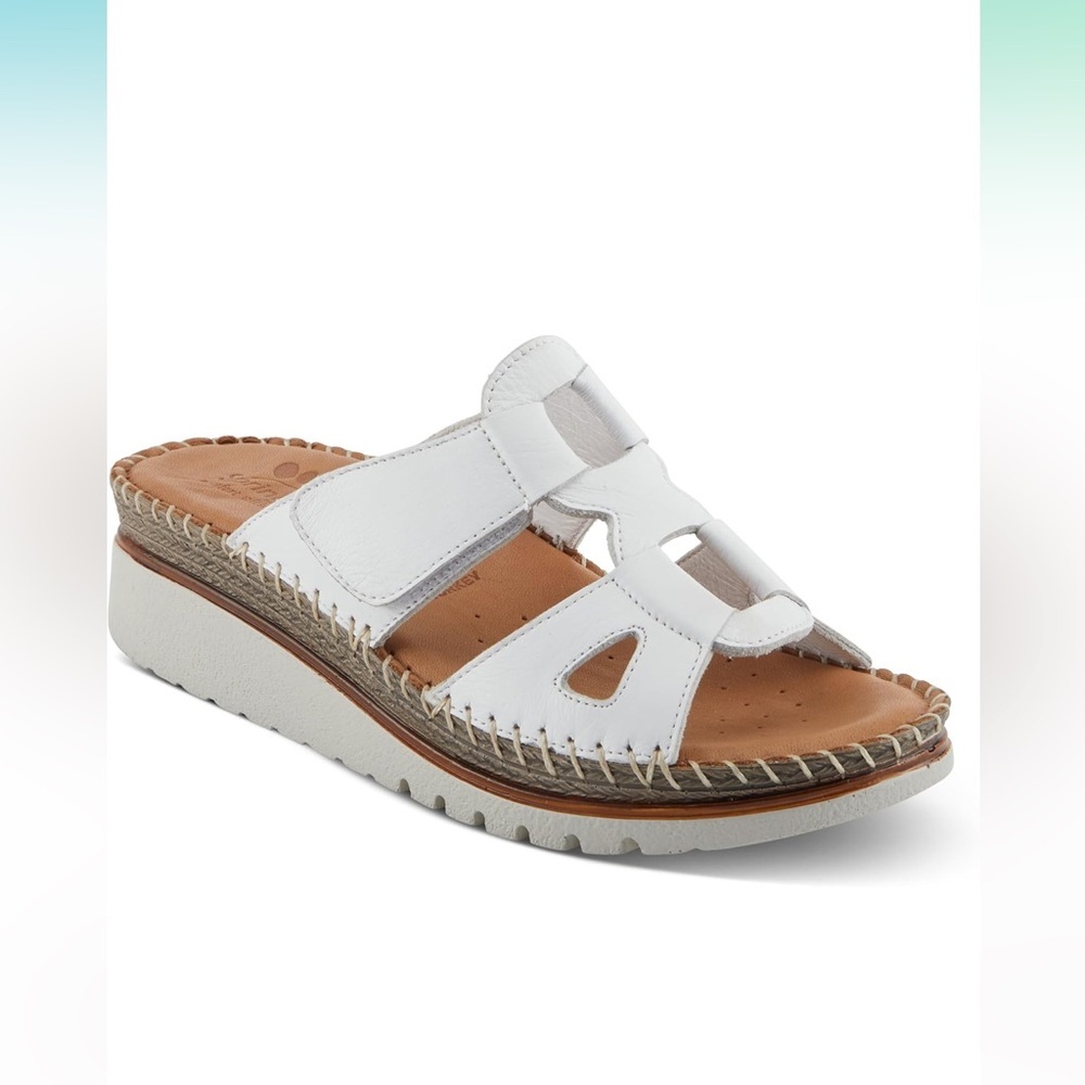 Spring Step Leather Slide Sandals White Brown Comfort Velcro EU 40‎